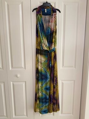 S-Twelve Colorful Abstract Print Wide Leg Jumpsuit Stretchy Tie Waist Size M